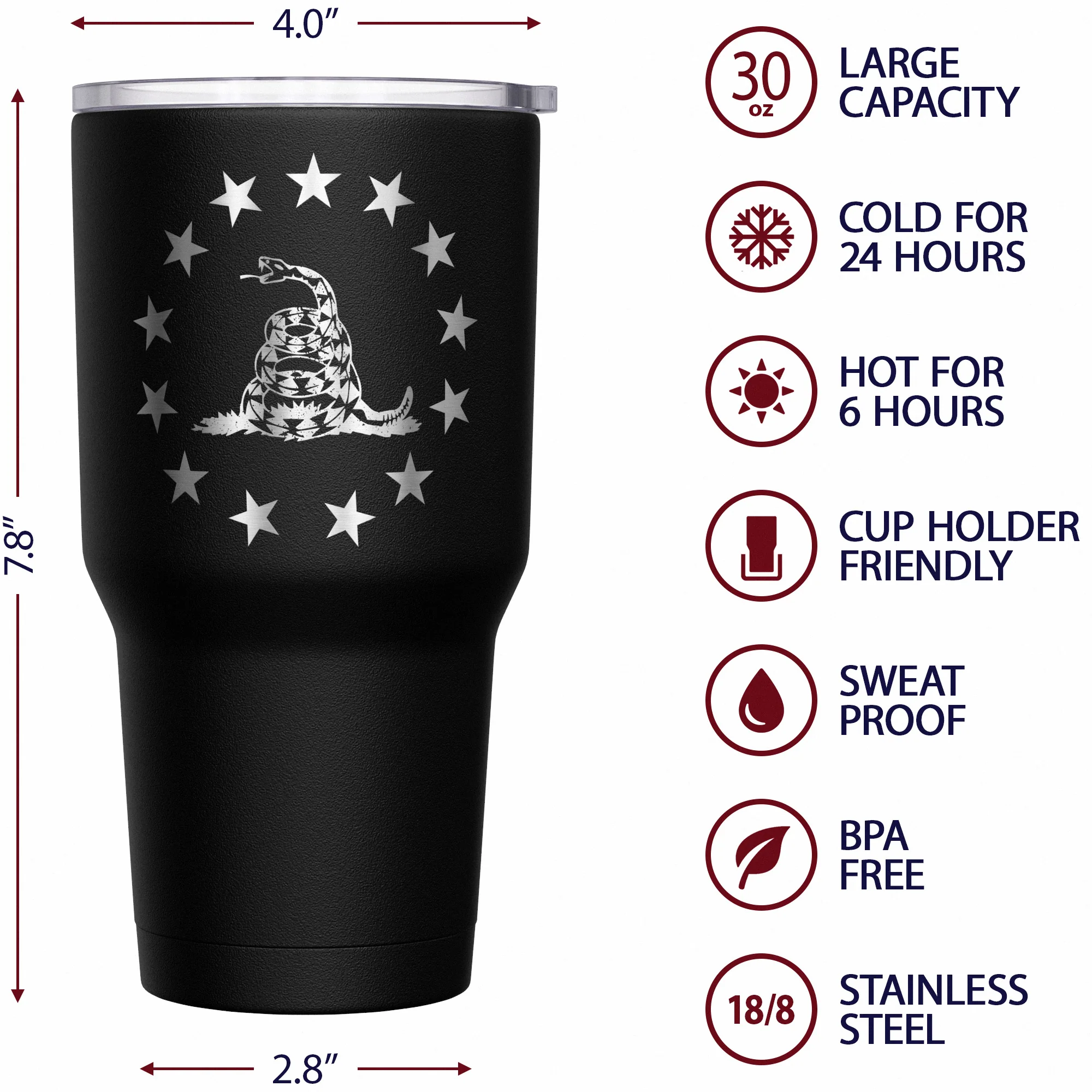 Betsy Ross Gadsden Flag + American Flag Stainless Steel Tumbler - Image 6