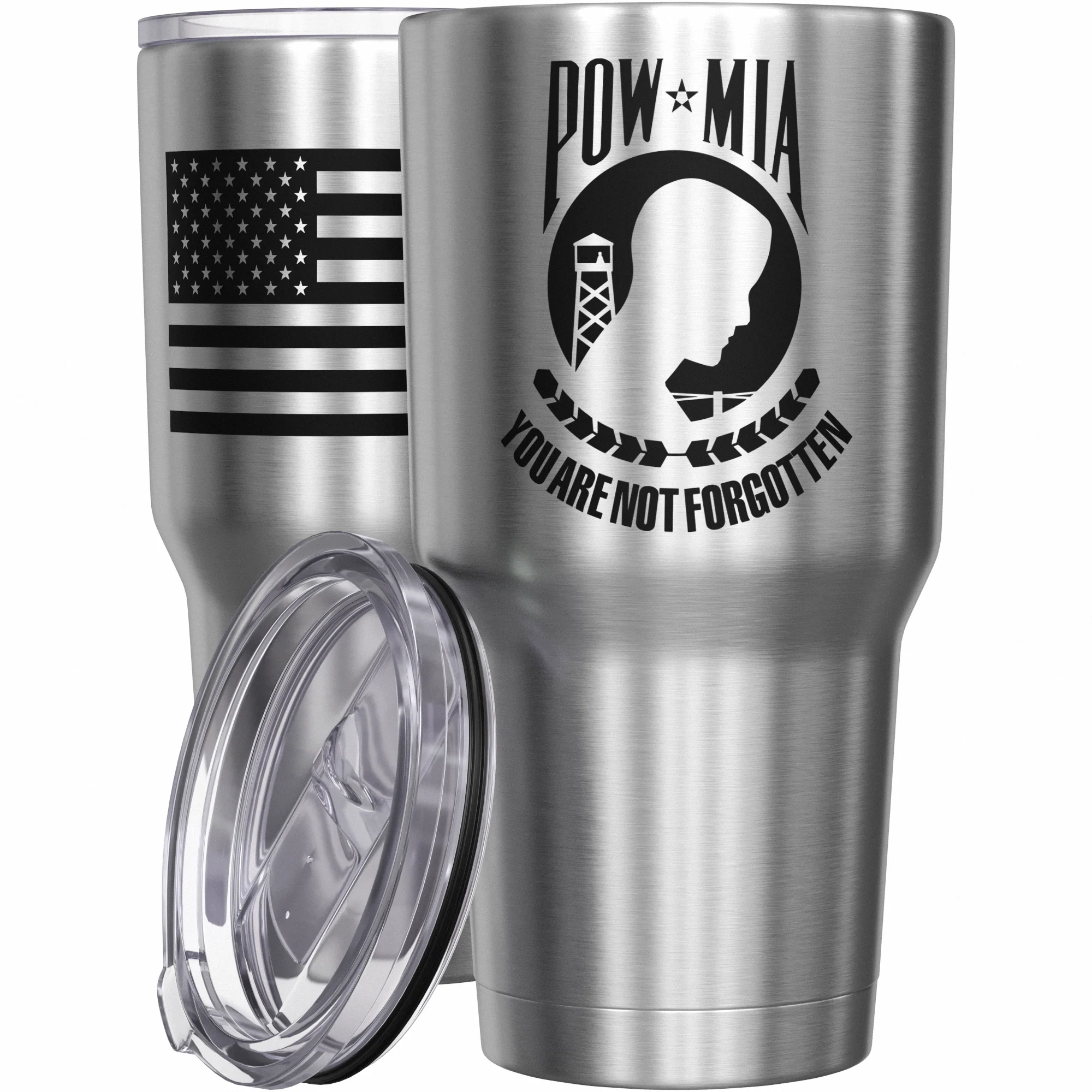 POW MIA You are not forgotten + American Flag Stainless Steel Tumbler - Image 7